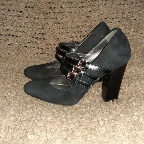 NAVYBOOT-Italy-Black Suede/Leather 3 Strap Mary Jane Pumps-Sz 36-Near Mint - Picture 2 of 8
